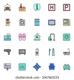 Hotel elements filled outline icons set, line vector symbol collection, linear colorful pictogram pack. Signs, logo illustration, Set includes icons as hotel luggage with suitcase, reception service 
