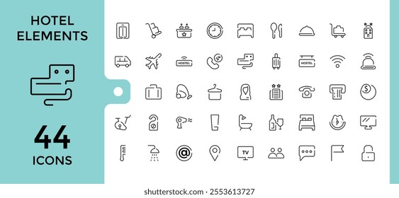 Hotel Elements icon set. Contains related to icon, elevator, safe, vacuum, bathe, suitcase, icon set, line. Thin linear style icons. Editable stroke.