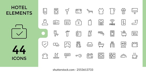 Hotel Elements icon set. Contains related to icon, elevator, safe, vacuum, bathe, suitcase, icon set, line. Thin linear style icons. Editable stroke.