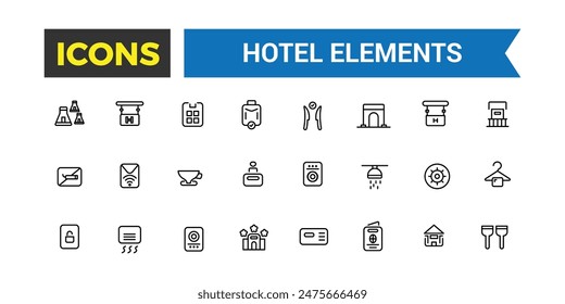 Hotel elements icon set. outline icons pack. Editable vector icon and illustration.