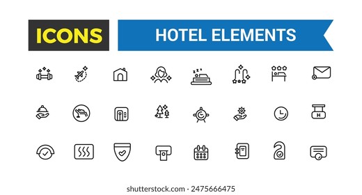 Hotel elements icon set. outline icons pack. Editable vector icon and illustration.