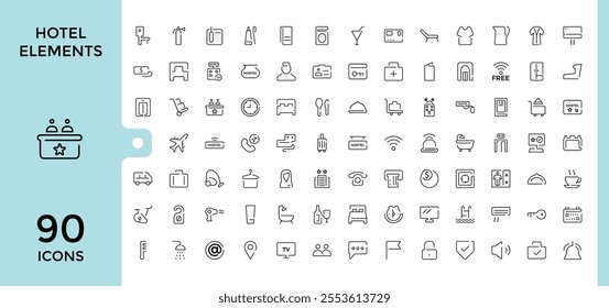 Hotel Elements icons in linear style. Contains related to luggage, web, holiday, television, vector, card, alarm and more. Isolated icons design. Editable stroke. Vector illustration.