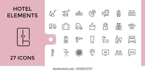 Hotel Elements linear icon collection. Includes icons for breakfast, reception, holiday, key, hoover, eatery, tv and more. Minimalistic web and UI icons. Vector icons editable stroke.