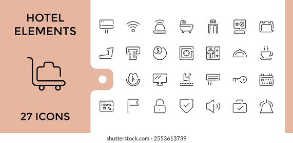 Hotel Elements linear icon collection. Includes icons for breakfast, reception, holiday, key, hoover, eatery, tv and more. Minimalistic web and UI icons. Vector icons editable stroke.