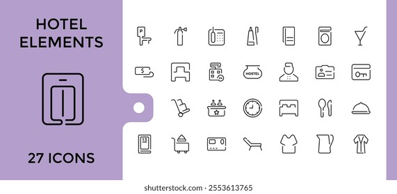 Hotel Elements linear icon collection. Includes icons for breakfast, reception, holiday, key, hoover, eatery, tv and more. Minimalistic web and UI icons. Vector icons editable stroke.