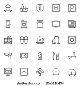 Hotel elements outline icons set. linear style symbols collection, line signs pack vector graphics. Set includes icons as hotel luggage cart with suitcase, reception service and receptionist, parking 