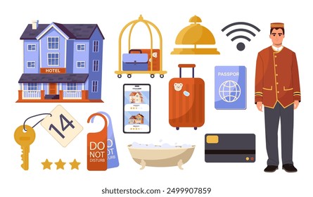 Hotel elements set. Uniformed doorman, luggage carrier, bell, foreign passport, bank card and building. Travel and tourism. Holiday and vacation. Flat vector illustration isolated on white background