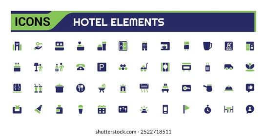 Hotel elements solid color icon set. Colorful icons related to room, service, booking, facilities and more. filled icons vector collection.