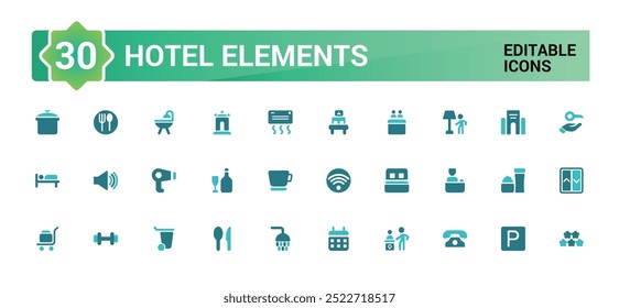 Hotel elements solid color icon set. Colorful icons related to room, service, booking, facilities and more. filled icons vector collection.