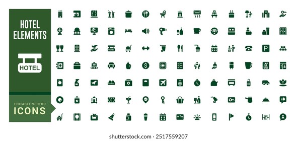 Hotel elements solid web icon set. Solid icons collection. glyph icon set for ui. Editable stroke. Filled icon set. Vector illustration.