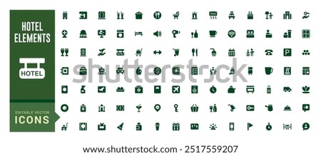 Hotel elements solid web icon set. Solid icons collection. glyph icon set for ui. Editable stroke. Filled icon set. Vector illustration.