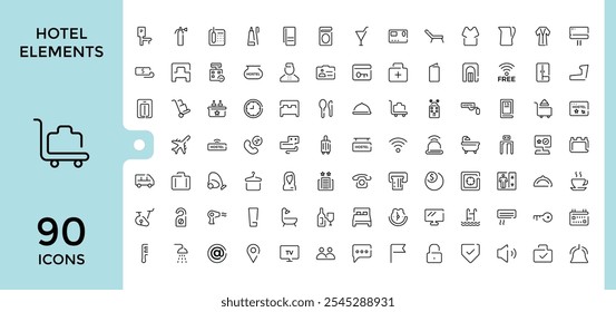 Hotel Elements thin line icon set. Containing food, icon, bag, bathe, pool, collection, aeroplane, key. Simple icon designs. Editable vector illustration.