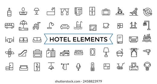 Hotel elements - thin line web icon set. outline icons pack. Icon collection. Editable vector icon and illustration.