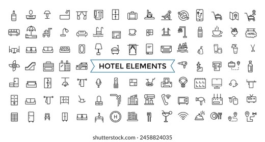 Hotel elements - thin line web icon set. outline icons pack. Icon collection. Editable vector icon and illustration.