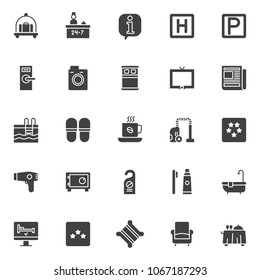 Hotel elements vector icons set, modern solid symbol collection, filled style pictogram pack. Signs, logo illustration. Set includes icons as hotel luggage cart with suitcase, reception service 