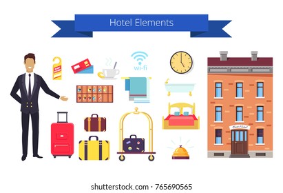 Hotel elements written on ribbon, image representing administrator and icons of clock and keys, bed and bath, food and towel vector illustration