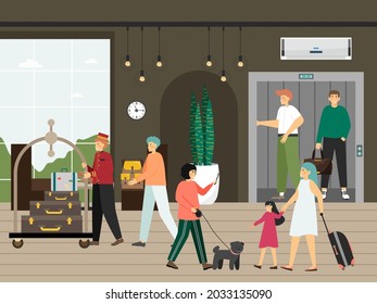 Hotel elevator, guests, porter with luggage trolley, flat vector illustration. Hotel service. Hospitality industry.