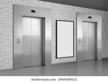 Hotel elevator mockup. Lift and tv led screen in lobby. 3d building hallway interior and empty digital television monitor. Blank steel closed entrance area perspective banner. Realistic indoor gate