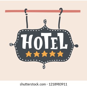 Hotel emblem with 5 stars. Five gold stars on the hotel signboard. Vector cartoon illustration in modern concept