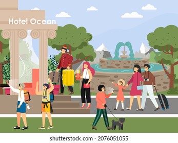 Hotel entrance with porter carrying luggage, tourists walking with suitcases, backpacks. Hospitality industry, vector.