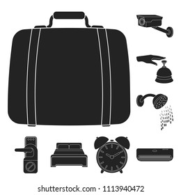 Hotel and equipment black icons in set collection for design. Hotel and comfort vector symbol stock web illustration.