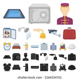 Hotel and equipment cartoon, black icons in set collection for design. Hotel and comfort vector symbol stock web illustration.