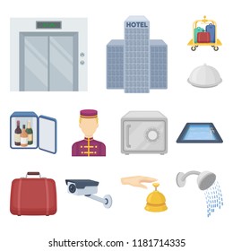 Hotel and equipment cartoon icons in set collection for design. Hotel and comfort vector symbol stock web illustration.