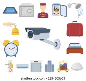 Hotel and equipment cartoon icons in set collection for design. Hotel and comfort vector symbol stock web illustration.
