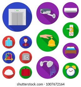 Hotel and equipment flat icons in set collection for design. Hotel and comfort vector symbol stock web illustration.