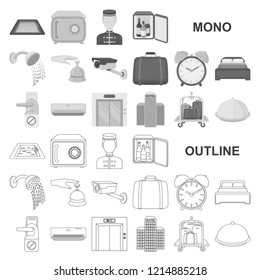 Hotel and equipment monochrom icons in set collection for design. Hotel and comfort vector symbol stock web illustration.