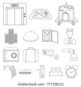 Hotel and equipment outline icons in set collection for design. Hotel and comfort vector symbol stock web illustration.