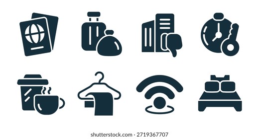 Hotel excelente icono de colección. Conjunto de documentos de pasaporte, bolsas de equipaje, recepción, campana de servicio a la habitación, percha de armario, señal wifi, cama doble, iconos de lámpara de mesa