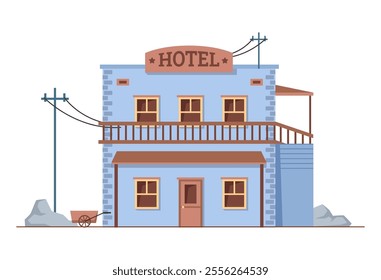 Hotel exterior, isolated building in wild west. Vector flat cartoon facade of house with two stories and balcony. Hostel for visitors of city in western part of America, rustic architecture