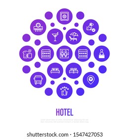 Hotel facilities concept in circle shape. Thin line icons: rating, pet allowed, single bed, double bed, elevator, arrival date, departure date, heating, air con, reception, wi-fi. Vector illustration