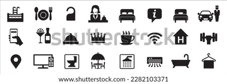 Hotel facilities and service icon set. Home stay facility and feature icons. Travel and tourism sign. Contains symbol of receptionist, parking valet, single bed size, bath tub. Vector illustration.