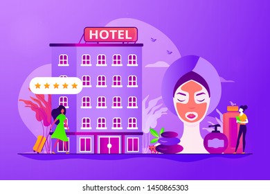 Hotel facilities and services. Businesswoman with suitcase. Wellness and spa hotel, enjoyable lifestyle, massage and bodywork service concept. Vector isolated concept creative illustration