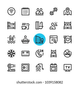 Hotel facilities, hotel services line icons set. Modern graphic design concepts, simple outline elements collection. 32x32 px. Pixel perfect. Vector line icons