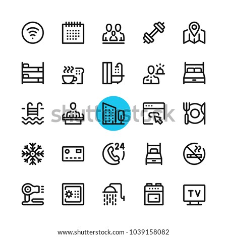 Hotel facilities, hotel services line icons set. Modern graphic design concepts, simple outline elements collection. 32x32 px. Pixel perfect. Vector line icons ストックフォト © 