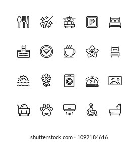 Hotel facilities and services vector icon set in outline style