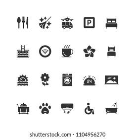 Hotel facilities and services vector icon set in glyph style