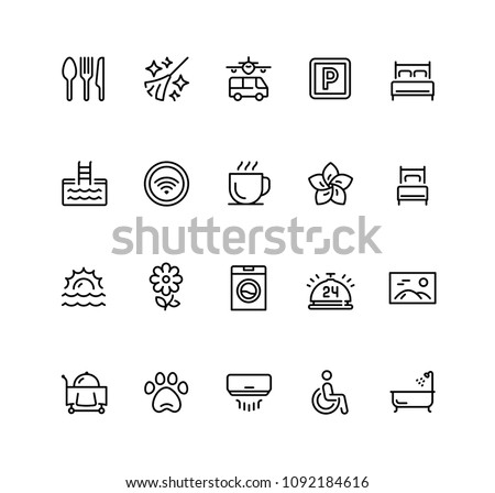 Hotel facilities and services vector icon set in outline style