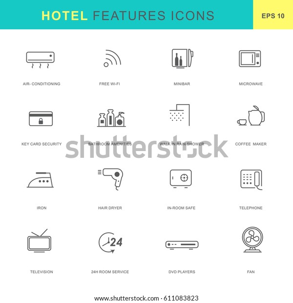 Hotel features\
icon set.Thin line icon\
style.