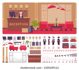 Hotel female receptionist in lobby workplace interior, front desk creation kit, reception area set with furniture, constructor elements to build own design. Cartoon flat style infographic illustration