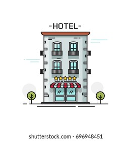 Hotel with five stars vector illustration line outline flat carton style front view isolated on white background