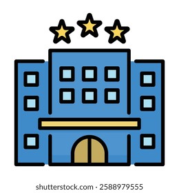 Hotel flat icon, representing travel accommodations, resorts, and booking services, vector symbol with editable stroke and colour