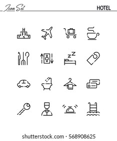 Hotel flat icon set. Collection of high quality outline symbols for web design, mobile app. Hotel vector thin line icons or logo.