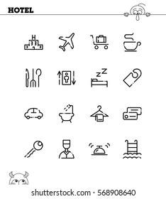 Hotel flat icon set. Collection of high quality outline symbols for web design, mobile app. Hotel vector thin line icons or logo.