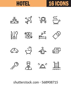 Hotel flat icon set. Collection of high quality outline symbols for web design, mobile app. Hotel vector thin line icons or logo.