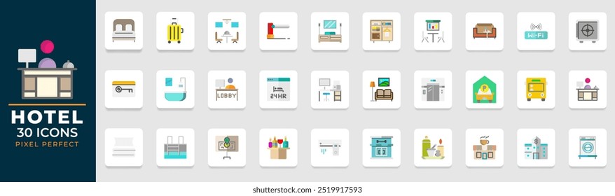 Colección de iconos planos del hotel. conjunto de trazo editable y píxel perfecto. se puede utilizar para Sitios web, interfaz de usuario y Ilustraciones vectoriales de App móviles.