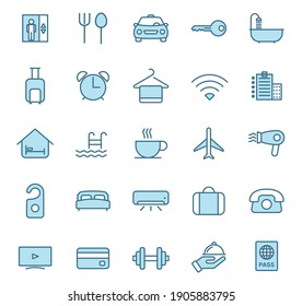 hotel flat vector icons in two colors isolated on white background. hotel blue icon set for web design, ui, mobile apps and print